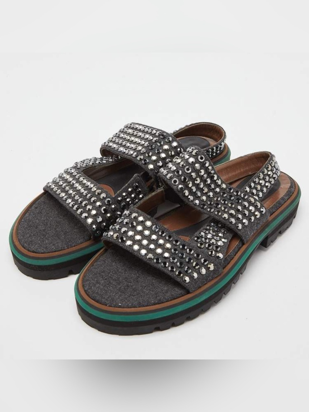 Marni Grey/Brown Leather And Wool Crystal Embellished Flat Sandals Size 37